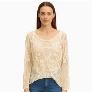 Express Ivory Sheer Lace Bohemian Womens Cotton Blouse Sz M